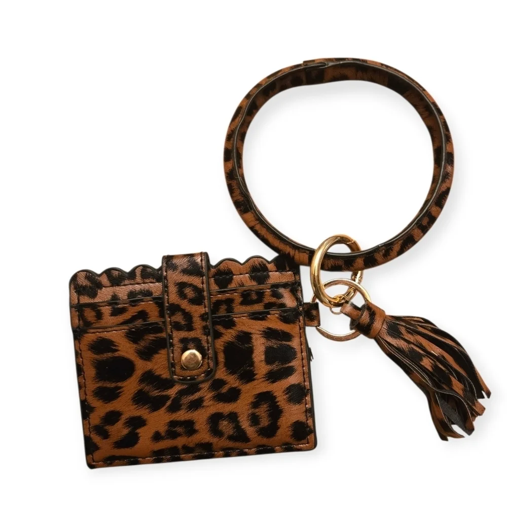 Leopard Print Keychain Wristlet With Card Holder & Tassel
